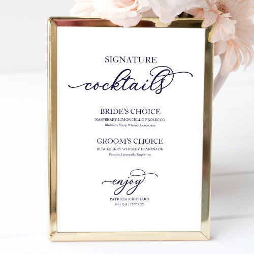 Signature Cocktails Chic Navy Blue Script Poster