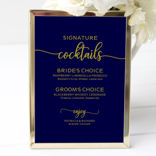 Signature Cocktails Gold Navy Blue Wedding Sign