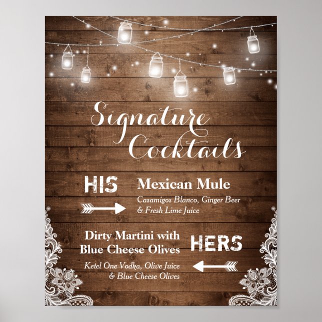 Signature Cocktails Rustic String Lights Lace Poster (Front)