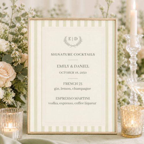 Signature Cocktails Sage Green Striped Wedding Poster