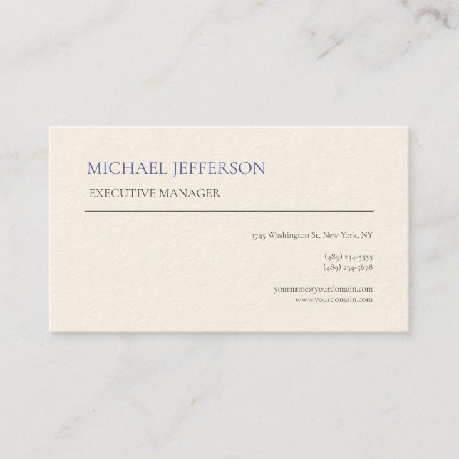 Signature Cream Modern Elegant Simple Blue White Business Card (Front)