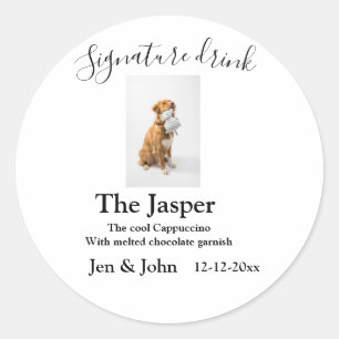 Signature drink add pet photo name date year text classic round sticker
