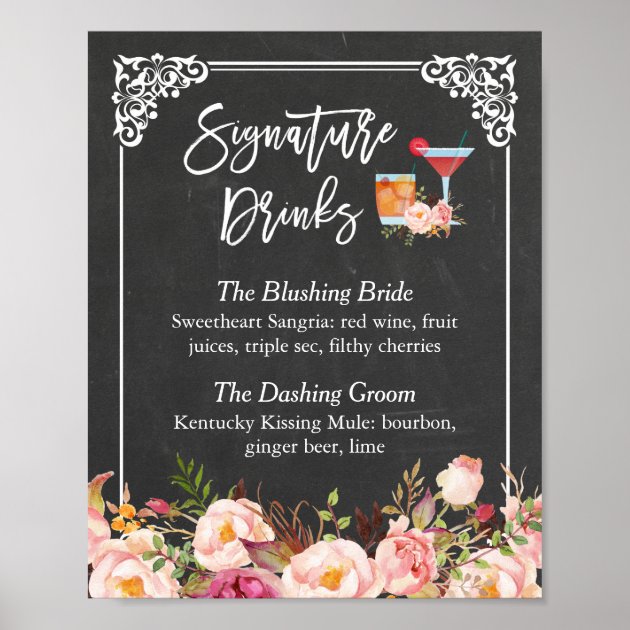 Signature Drink Cocktail Floral Chalkboard Wedding Poster