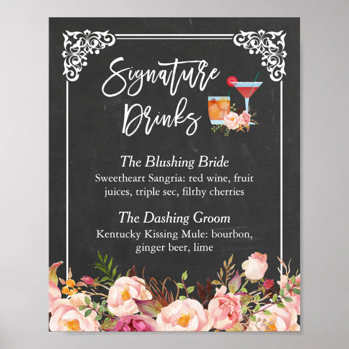 Autumn Vintage Signature Drinks Cocktail Bar Personalised Wedding Sign Poster 