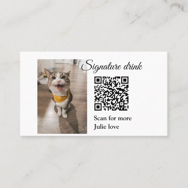 Signature drink scan QR code add pet photo name  Business Card (Front)
