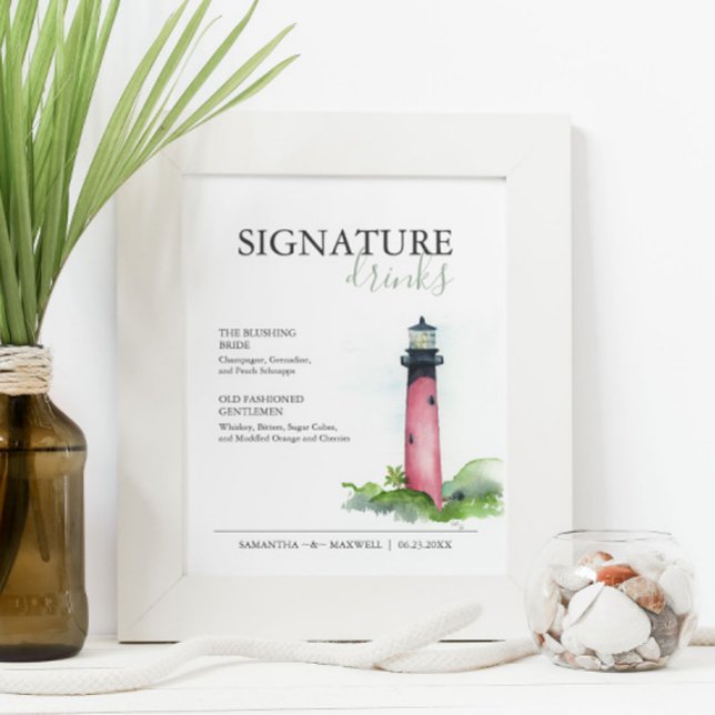 Signature Drinks 8x10 Beach Wedding Bar Sign (Wedding signature drinks sign watercolor lighthouse art by Victoria Grigaliunas of Do Tell A Belle)