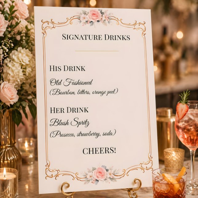 Signature Drinks Bar Menu For Reception  Foam Board (Rococo themed signature drinks menu card for reception)