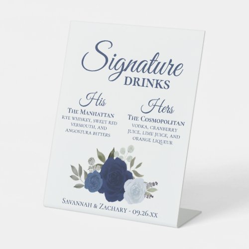Signature Drinks Blue Watercolor Roses Wedding Pedestal Sign