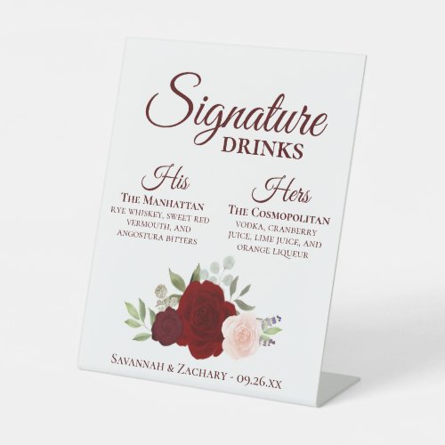 Signature Drinks Burgundy Red Blush Roses Wedding Pedestal Sign
