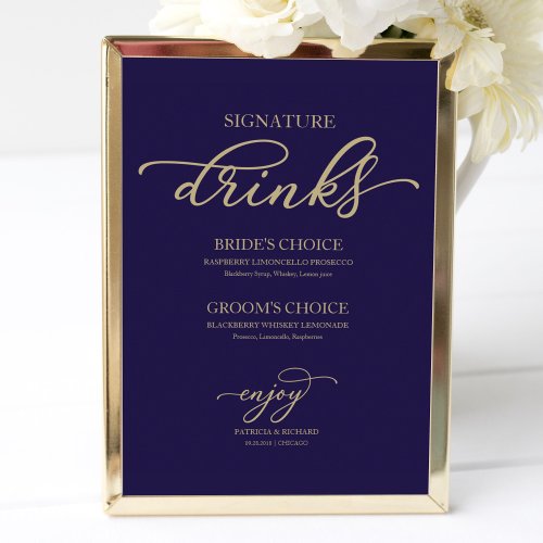 Signature Drinks Chic Gold Script Navy Blue Poster