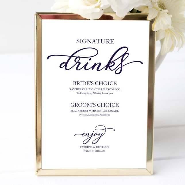 Signature Drinks Chic Navy Blue Script Sign (Creator Uploaded)