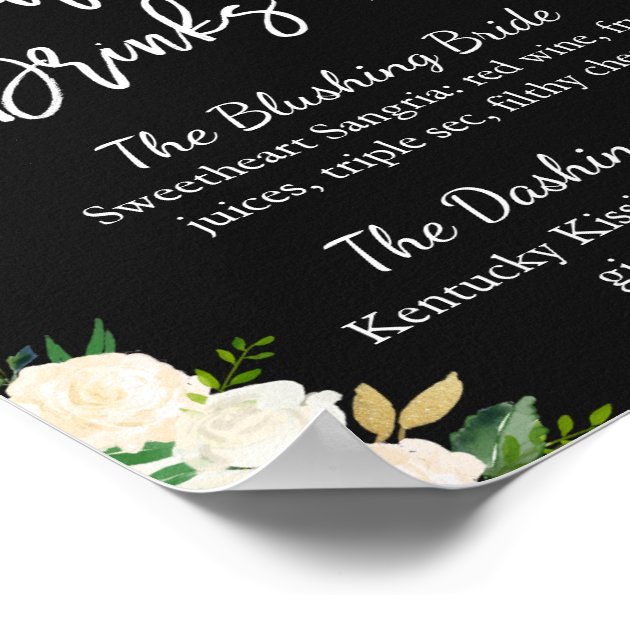 Signature Drinks Cocktail Ivory Floral Wedding Poster