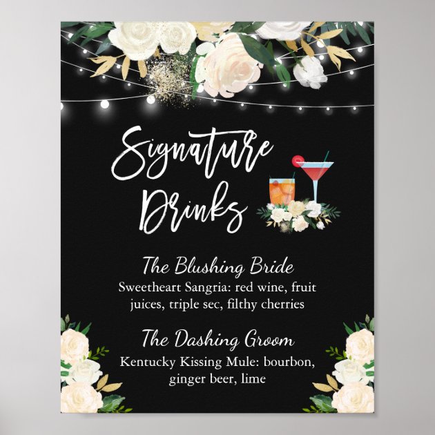 Signature Drinks Cocktail Ivory Floral Wedding Poster