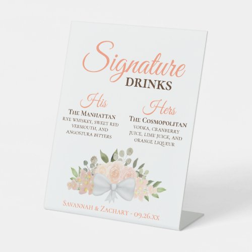 Signature Drinks Coral Peach Roses Wedding Pedestal Sign
