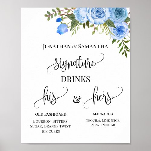 Signature Drinks Couples Wedding Blue Floral Sign