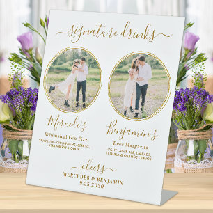 Signature Drinks Custom Photo Gold Wedding Bar  Pedestal Sign