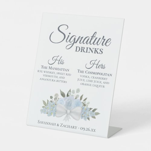 Signature Drinks Dusty Blue Boho Roses Wedding Pedestal Sign