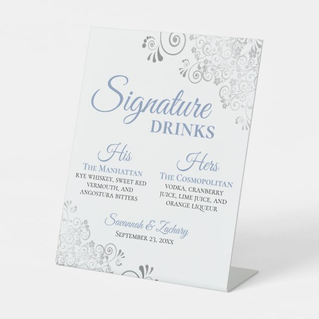 Signature Drinks Dusty Blue & Silver Chic Wedding Pedestal Sign (Front)