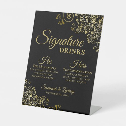 Signature Drinks Elegant Black  Gold Wedding Bar Pedestal Sign