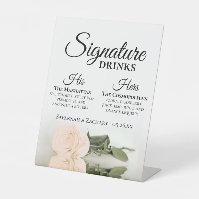 Signature Drinks Elegant Blush Peach Rose Wedding Pedestal Sign (Front)