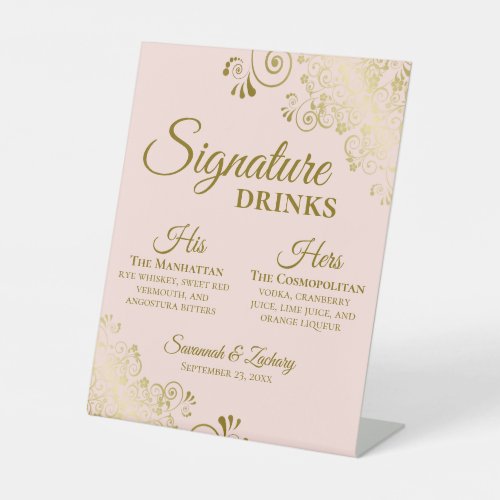Signature Drinks Elegant Blush Pink  Gold Wedding Pedestal Sign