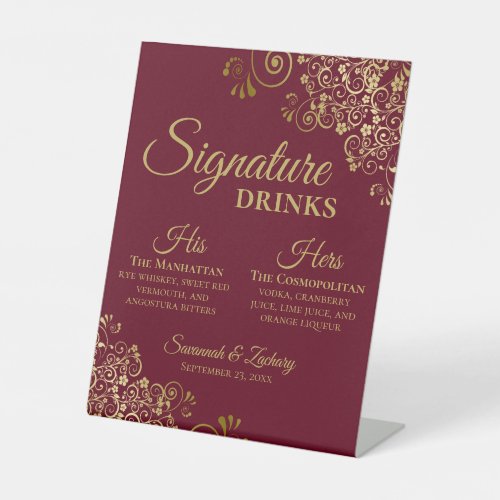 Signature Drinks Elegant Burgundy  Gold Wedding Pedestal Sign