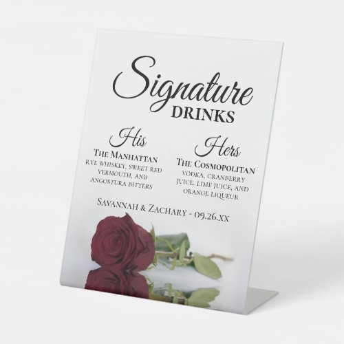 Signature Drinks Elegant Burgundy Rose Wedding Pedestal Sign