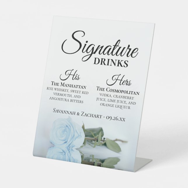Signature Drinks Elegant Dusty Blue Rose Wedding Pedestal Sign (Front)