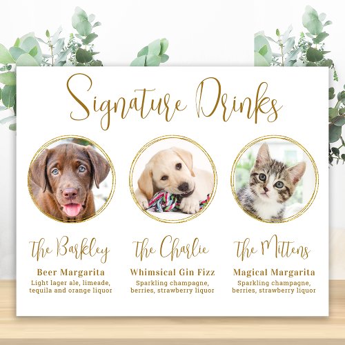 Signature Drinks Elegant Gold 3 Photo Pet Wedding Poster