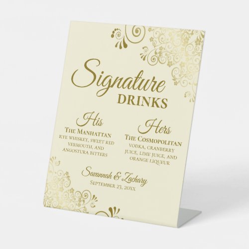 Signature Drinks Elegant Gold  Cream Wedding Bar Pedestal Sign