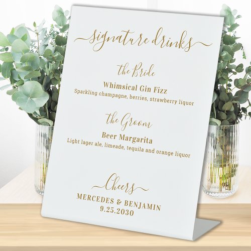 Signature Drinks Elegant Gold Personalized Wedding Pedestal Sign