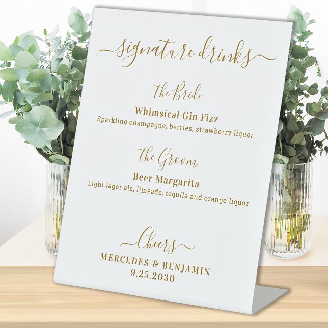 Signature Drinks Elegant Gold Personalized Wedding Pedestal Sign (Creator Uploaded)