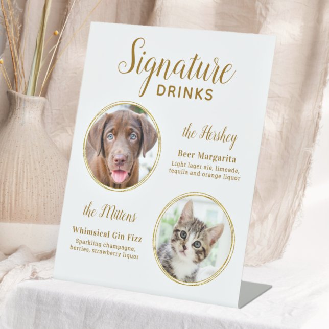 Signature Drinks Elegant Gold Pet Wedding 2 Photo Pedestal Sign (Creator Uploaded)