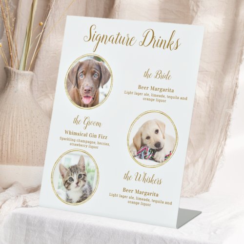 Signature Drinks Elegant Gold Pet Wedding 3 Photos Pedestal Sign