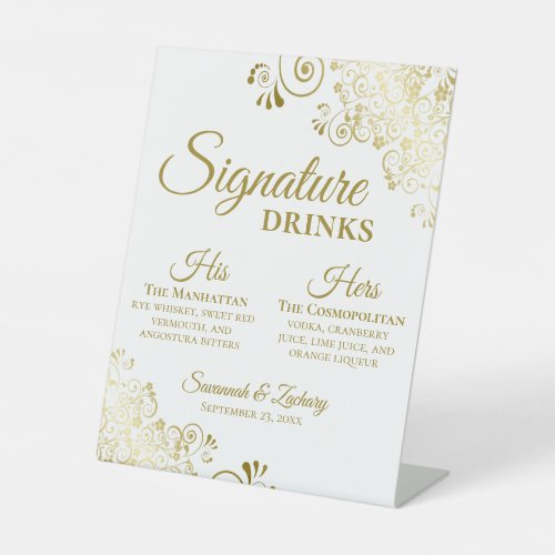 Signature Drinks Elegant Gold  White Wedding Bar Pedestal Sign