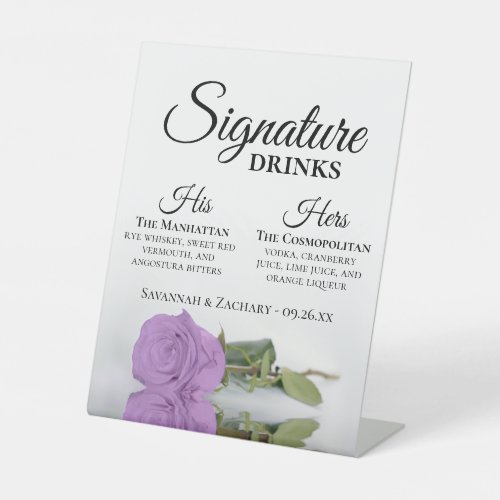 Signature Drinks Elegant Lilac Purple Rose Wedding Pedestal Sign