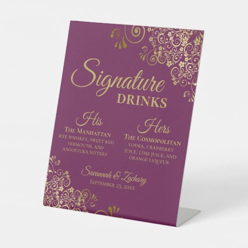 Signature Drinks Elegant Magenta  Gold Wedding Pedestal Sign