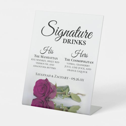 Signature Drinks Elegant Magenta Rose Wedding Pedestal Sign