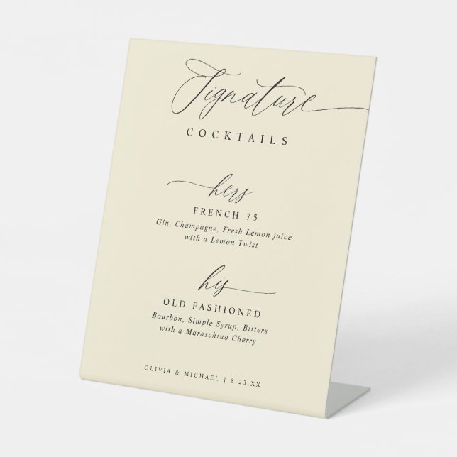 Signature Drinks Elegant Modern Cream Wedding Pedestal Sign (Front)