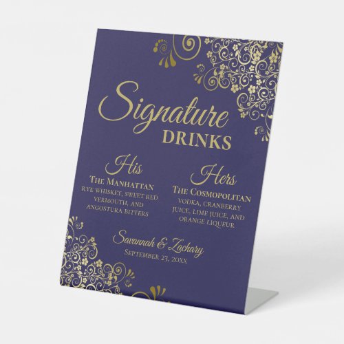 Signature Drinks Elegant Navy Blue  Gold Wedding Pedestal Sign