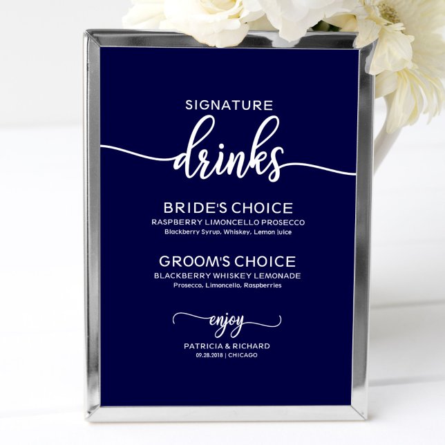 Signature Drinks Elegant Navy Blue Wedding Sign (Creator Uploaded)