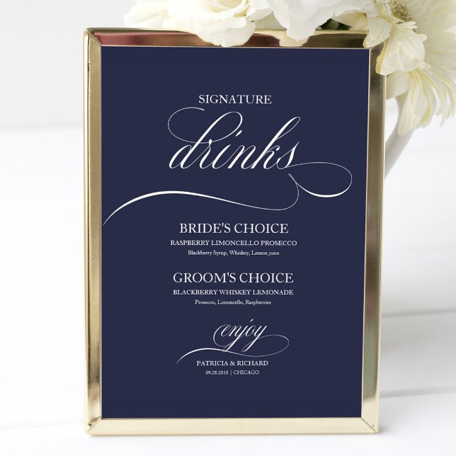 Signature Drinks Elegant Navy Blue Wedding Sign (Creator Uploaded)