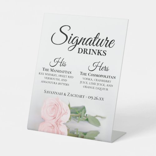 Signature Drinks Elegant Pink Rose Wedding Pedestal Sign