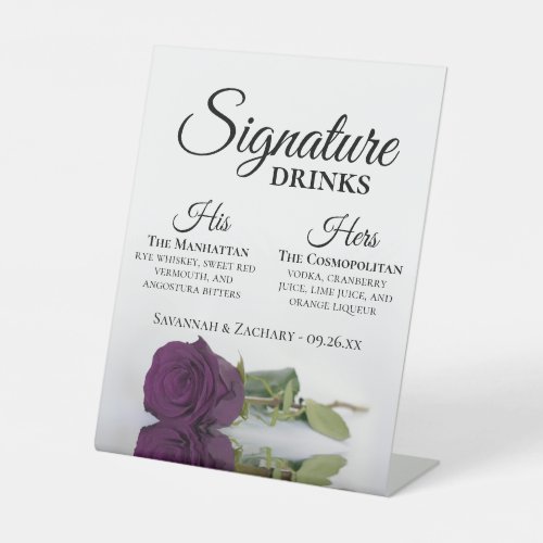 Signature Drinks Elegant Plum Purple Rose Wedding Pedestal Sign