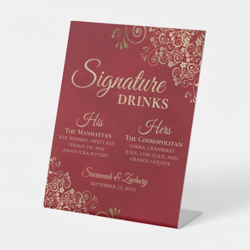 Signature Drinks Elegant Red  Gold Wedding Bar Pedestal Sign