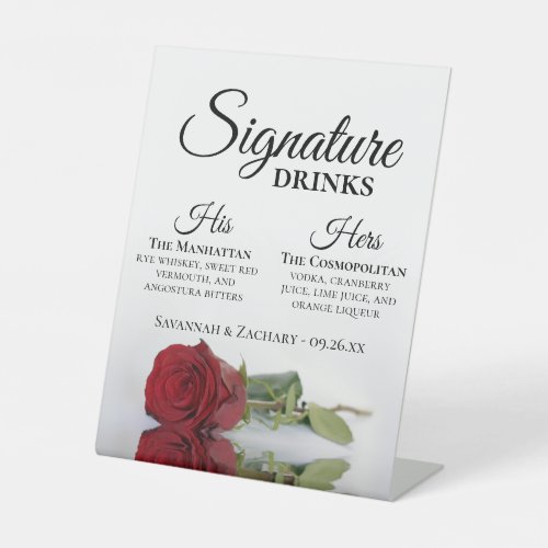 Signature Drinks Elegant Red Rose Wedding Pedestal Sign