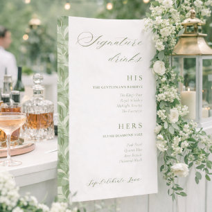 Signature Drinks Elegant Sage Green Wedding Bar Banner