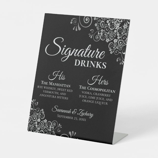Signature Drinks Elegant Silver & Black Wedding Pedestal Sign (Front)