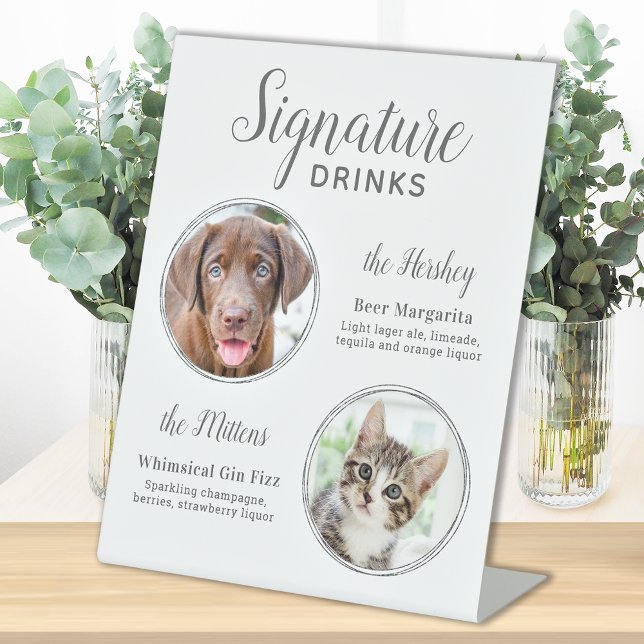 Signature Drinks Elegant Silver Pet Wedding Photo  Pedestal Sign (Creator Uploaded)