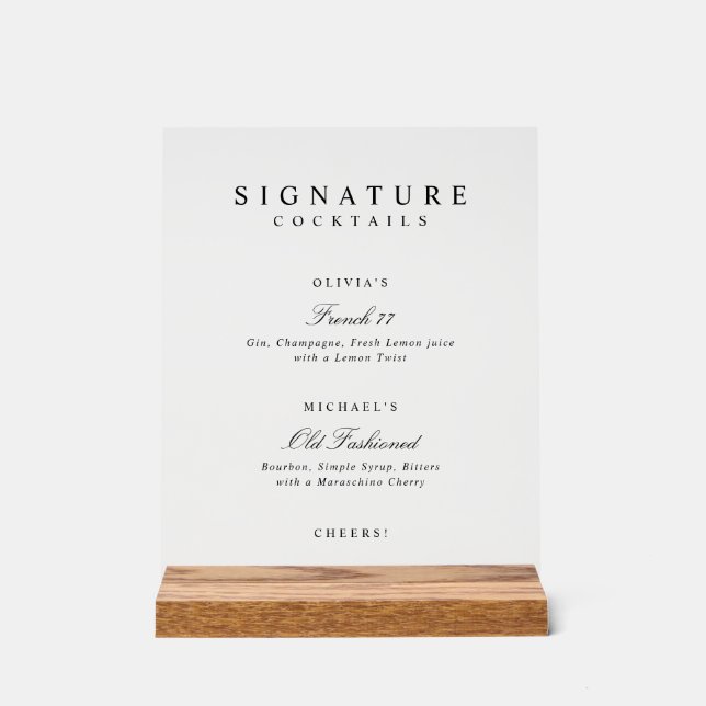 Signature Drinks Elegant Simple Wedding Bar Acrylic Sign (Front)